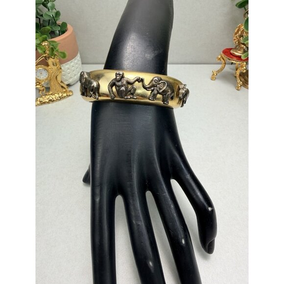 Vintage Gold & Silver Tone Animal Safari Statement Bracelet Monkey Elephant Rare - Picture 2 of 10